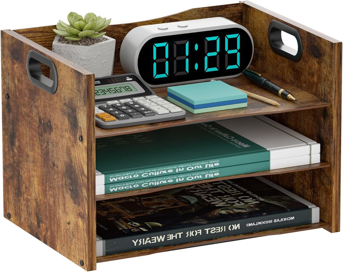 Vintage Wood File Organizer Desktop Adjustable Shelves Office Organizer