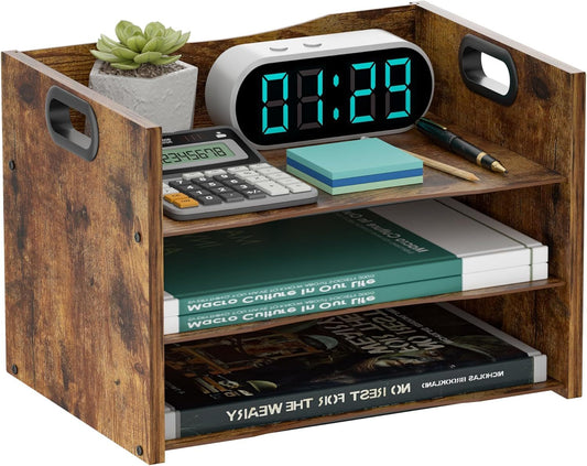 Vintage Wood File Organizer Desktop Adjustable Shelves Office Organizer