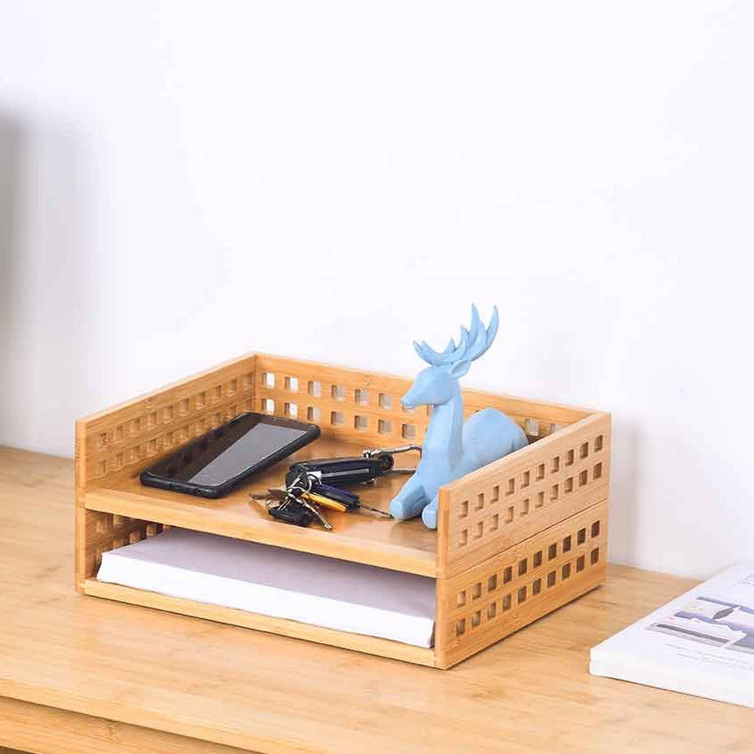 Bamboo Stackable Document Tray Desk Organizer Office File Organizer
